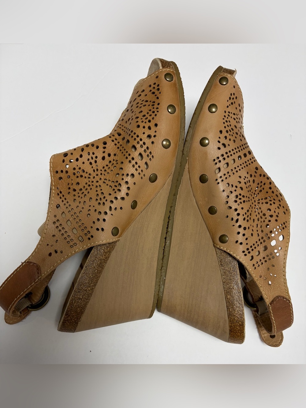 Pikolinos Benissa Leather Wedge Sandals Size 7 Tan Perforated Slingback Comfort - Picture 4 of 7